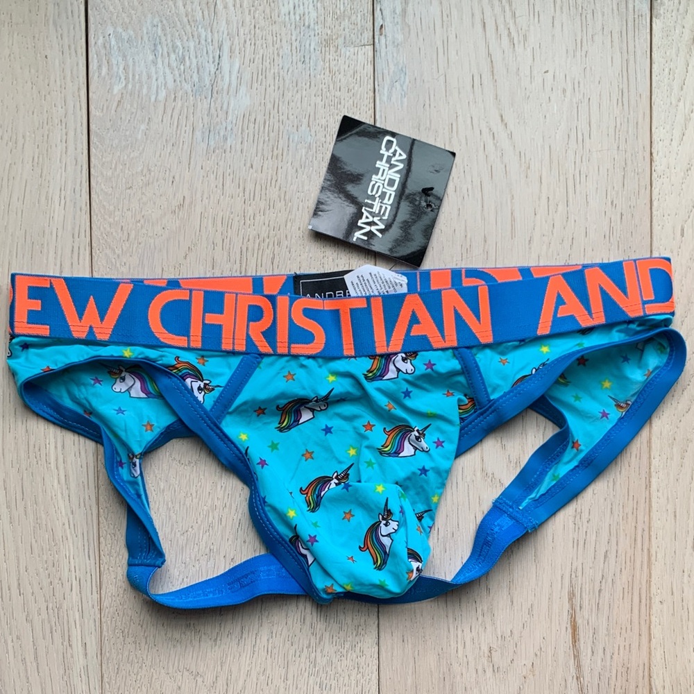 Andrew Christian Blue Unicorn Print Jockstrap with Orange Waistband